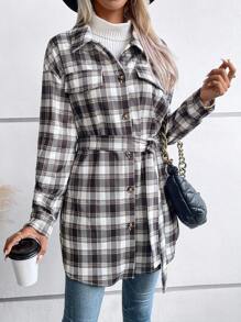 SHEIN LUNE 格紋印花落肩袖翻蓋細節外套