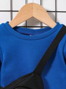 SHEIN 3 件套男女通用婴儿卡通印花圆领运动衫、裤子和斜挎包，保暖内衬，加厚 - 藍色 - 查看 4