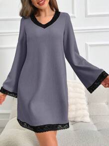 拼接蕾絲邊睡裙 - 灰色 - 查看 3