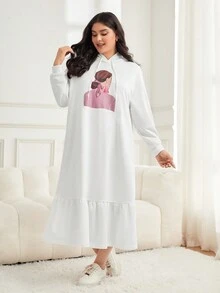 Mulvari 大碼人像圖案落肩袖荷葉邊抽繩連帽洋裝 - 白色 - 查看 5