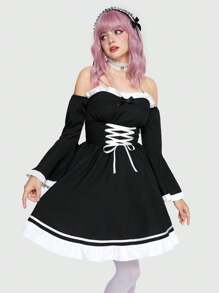 ROMWE Avant Off Shoulder Xù Hoa Sen Coa dây Thời trang thú vị - màu đen - Xem 3