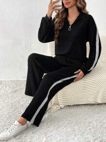 Chiquease Contrast Side Seam Quarter Zip Sweatshirt & Pants