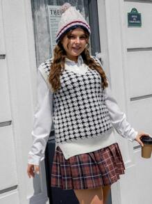 SHEIN EZwear 大碼千鳥格圖案毛衣背心不帶襯衫 - 黑與白 - 查看 6