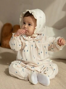 秋冬嬰兒女寶寶可愛蕾絲荷葉邊長袖連體衣，附三角尿布套適用於爬行、戶外活動，不含帽子 - 米色 - 查看 1