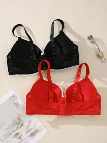 2pcs/set Plus Size Colorblock Push-up Bra With Bowknot And Edge Decoration - Multicolor - View 2