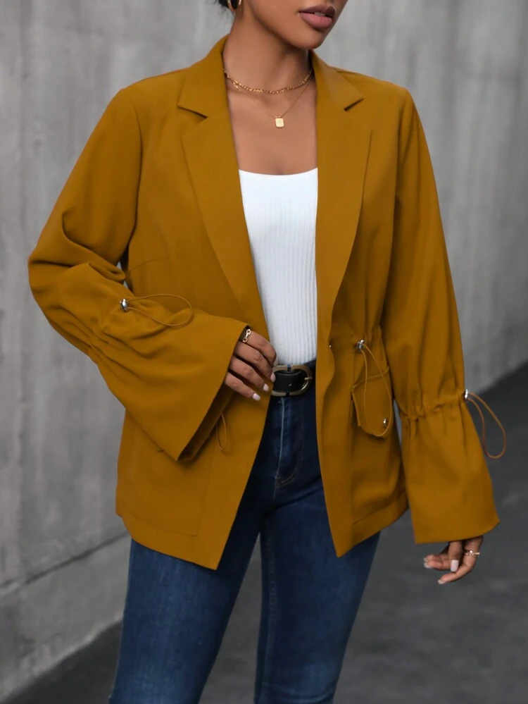 Flounce Sleeve Drawstring Waist Flap Pocket Blazer Fall Cloth For Women