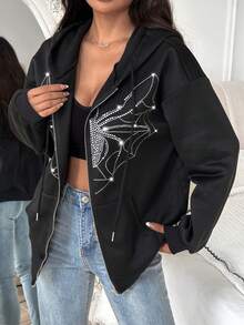 SHEIN Unity Capucha con diamante de imitación araña con estampado de hombros caídos con cordón - Negro - Ver 6