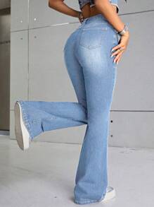 SHEIN EZwear Jeans de pierna amplia con bolsillo oblicuo - Lavado ligero - Ver 2