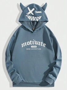 Manfinity RebelGame Men Letter Graphic 3D Ear Design Hoodie - Dusty Blue - View 1