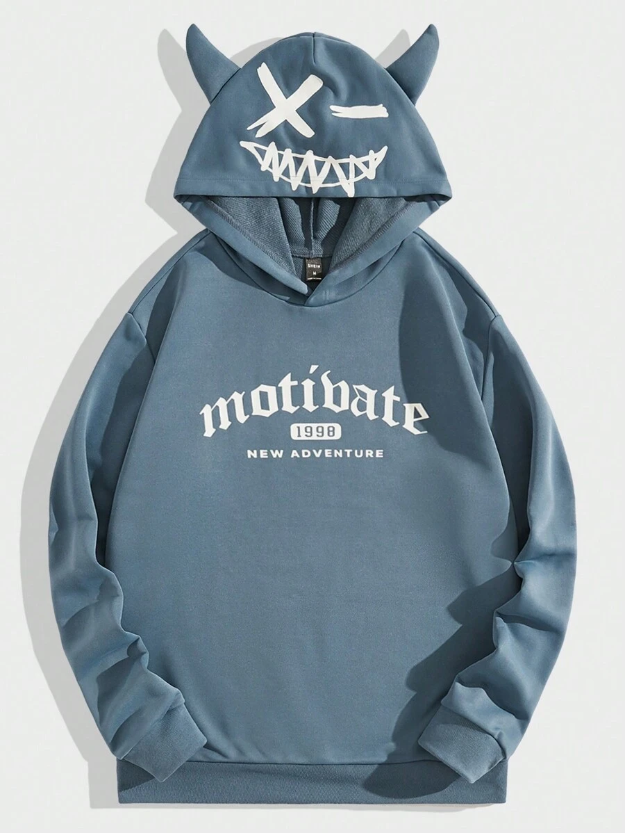 Manfinity RebelGame Men Letter Graphic 3D Ear Design Hoodie - Dusty Blue - View 1