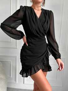EURMUSE Women's V-neck Joint Mesh Layered Hem Dress With Ruffle Detail - Black - View 4