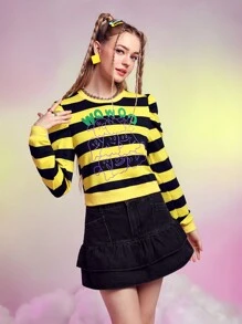 SHEINNeu Letter & Cartoon Graphic Striped Sweatshirt