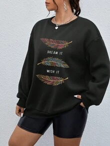 Calvaya Plus Feather & Letter Graphic Drop Shoulder Sweatshirt - Black - View 4