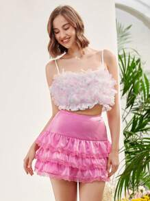 Enchnt Embroidered Mesh Trim Layered Ruffle Hem Skirt