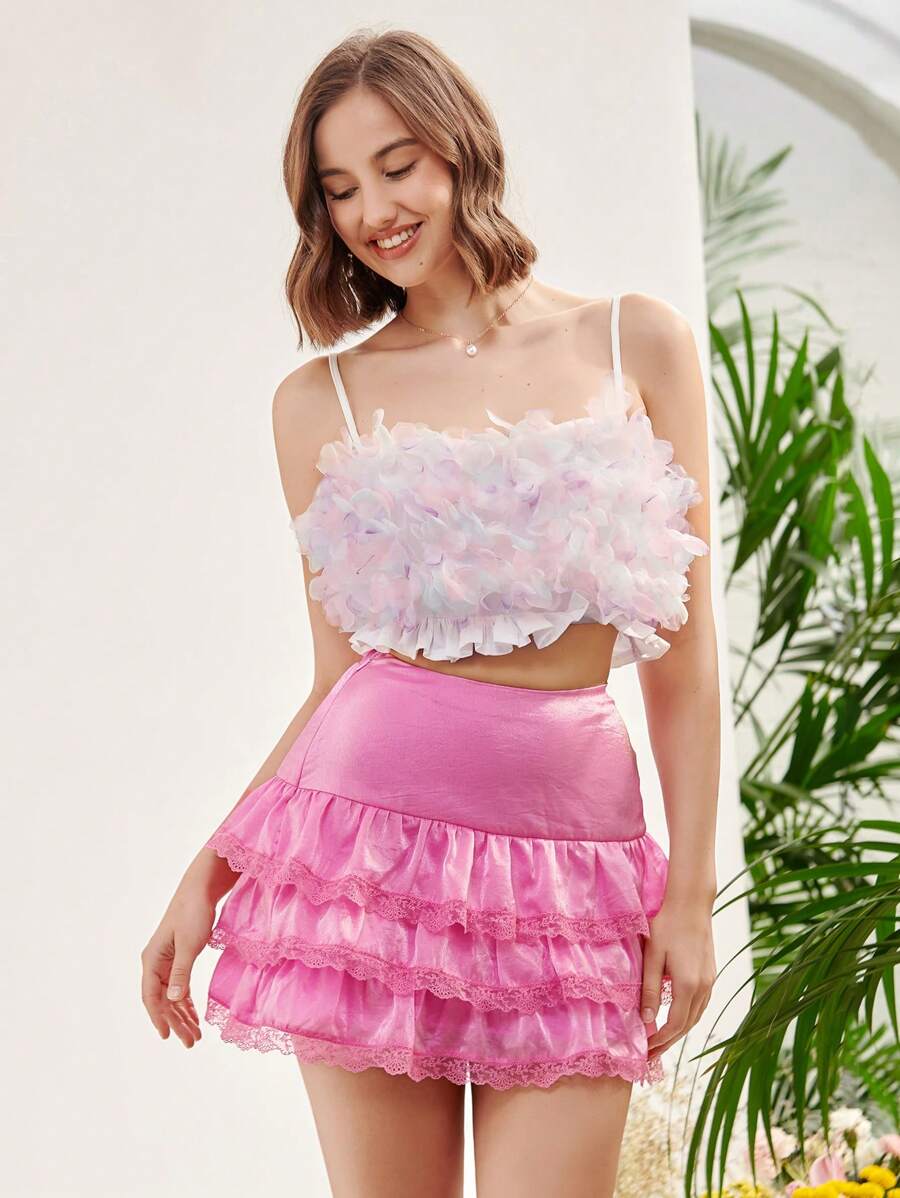 Enchnt Embroidered Mesh Trim Layered Ruffle Hem Skirt