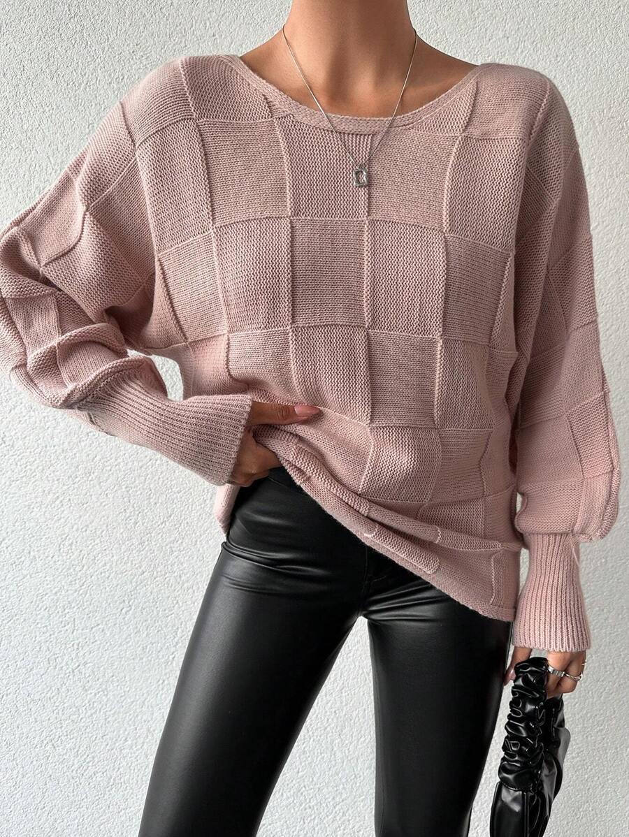EURMUSE Women's Round Neck Solid Color Drop Shoulder Loose Knitted Sweater - Dusty Pink - View 1