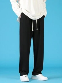Men Drawstring Waist Straight Leg Pants - Black - View 3