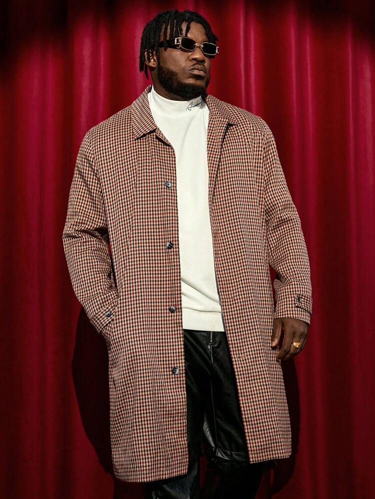 Plus Size Men's Loose Plaid Print Single Breasted Trench Coat, For Fall Winter