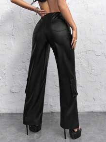 SHEIN ICON 側翻蓋口袋工裝褲 - 黑色 - 查看 3