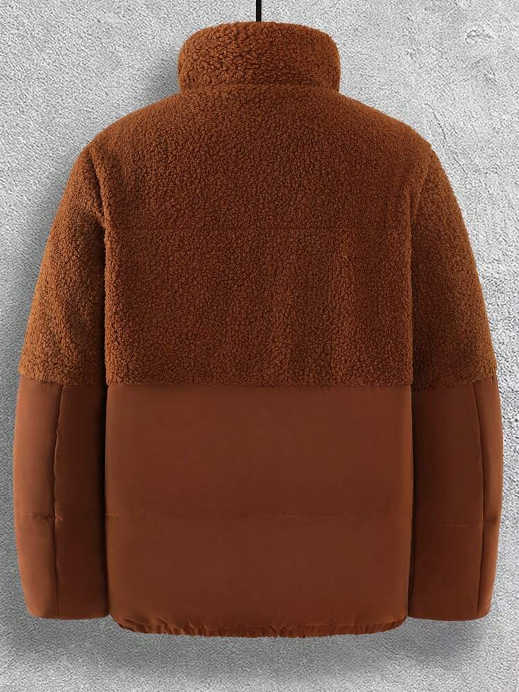 Men Contrast Teddy Snap Button Front Loose Padded Coat