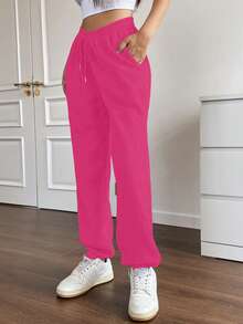 SHEIN Unity Solid Drawstring Waist Slant Pocket Sweatpants - Hot Pink - View 6