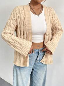 SHEIN LUNE Cable Knit Drop Shoulder Button Front Cardigan Knit Pullover Fall Winter Outfit