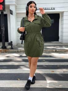 Flirla Plus Flap Pocket Half Zip Hooded Dress - Army Green - View 5