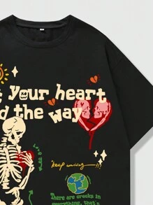 ROMWE MEN Street Life Camiseta con estampado de calavera y eslogan para hombre, estilo escolar de los años 2000 - Negro - Ver 3