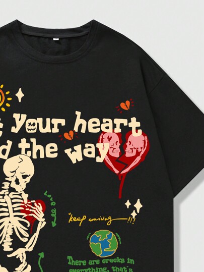 Street Life Women Street Style Slogan & Skeleton Print Short Sleeve T-Shirt