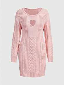 ROMWE Kawaii Cắt ra Xoắn Dan Đầm Áo len Không có khăn - Hồng - Xem 2