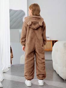 SHEIN Tween Girl Zip Up 3D Ear Design Hooded Teddy Jumpsuit - Camel - View 2