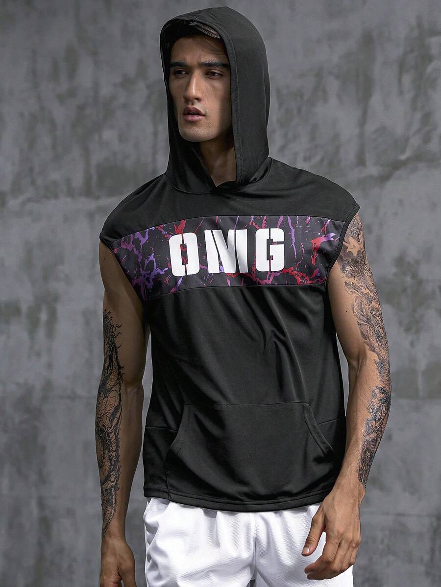 Nam Đồ họa Chữ cái áo có mũ Thể thao Tank Top - màu đen - Xem 1