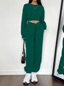 SHEIN Unity Solid Drop Shoulder Sweatshirt & Sweatpants - Dark Green - View 5