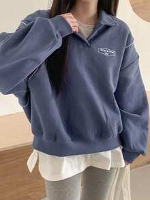 DAZY Đồ họa Chữ cái Contrast Piping Thả vai Áo chui đầu Oversized - Màu tím - Xem 5