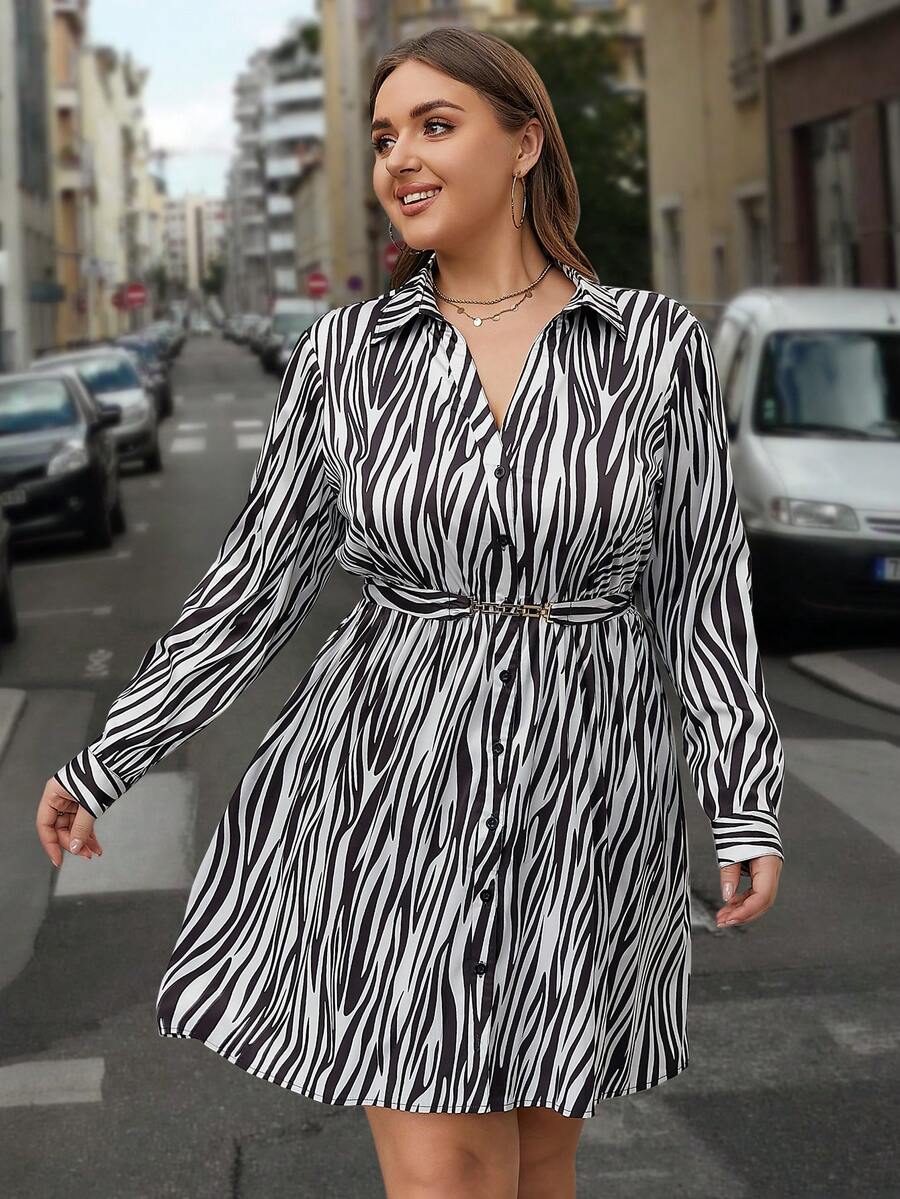 SHEIN Clasi Plus Zebra Striped Print Belted Shirt Dress - Black and White - View 1