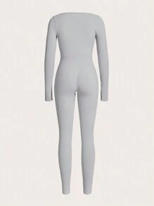 Lifespree 素色雞心領口運動彈力緊身連體褲 - 灰色 - 查看 6