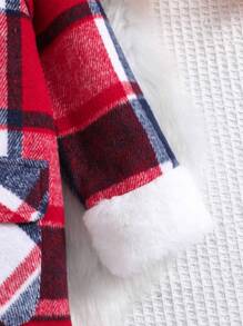 SHEIN Young Girl Plaid Print Borg Collar Flap Pocket Bow Front Overcoat - Multicolor - View 7