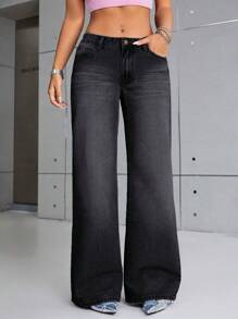 SHEIN ICON Zipper Fly Wide Leg Jeans - Black - View 4