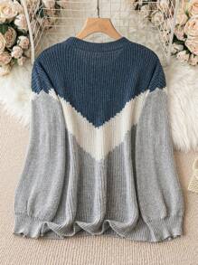 SHEIN CURVE+ 大碼撞色落肩袖套頭毛衣 - 彩色 - 查看 2