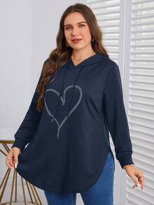 SHEIN LUNE Áo nỉ cỡ lớn có dây rút in hình trái tim đính đá - Màu xanh hải quân - Xem 6
