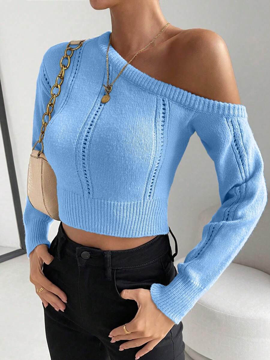 SHEIN Essnce Chất rắn Cổ không đối xứng Áo len Crop - Màu xanh lam - Xem 1