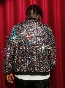 GENTILAND Men Plus Zip Up Sequin Bomber Jacket - Black - View 2