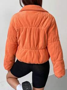 SHEIN EZwear 字母拼接细节拉链灯芯绒夹棉大衣 - 珊瑚橙 - 查看 2