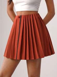 MAY‘G Contrast Tape Front Pleated Skirt - Red - View 4