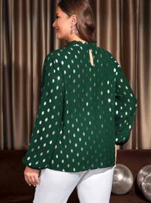 EMERY ROSE Plus Gold Dot Print Lantern Sleeve Frilled Neck Blouse - Green - View 2