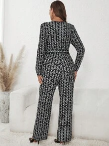 SHEIN Clasi Plus Allover Print Belted Flare Leg Jumpsuit - Black and White - View 2