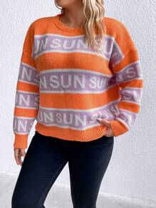 Maweii Plus Letter Pattern Colorblock Drop Shoulder Sweater Knit Pullover Fall Winter Sweater - Orange - View 2