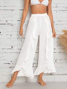 Ruffle Trim Cover Up Pants - White - View 1