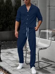 Manfinity Men Solid Shirt & Drawstring Waist Pants Without Tee - Royal Blue - View 8