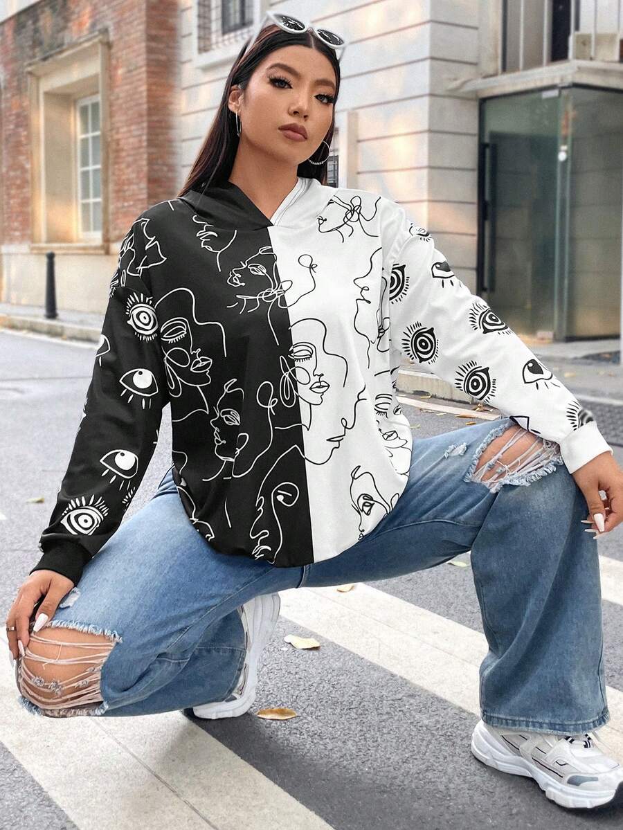 Flirla Plus Figure Graphic Two Tone Hoodie - Black and White - View 1